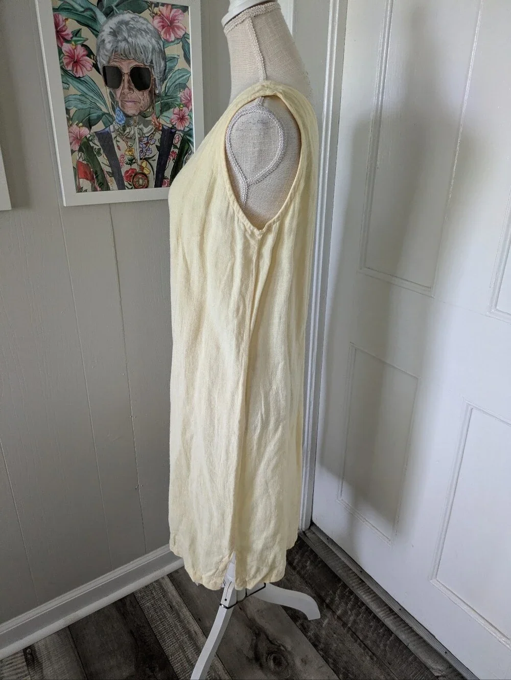 C C Collection Dress Womens M Yellow Midi Sleeveless Linen Floral VTG USA